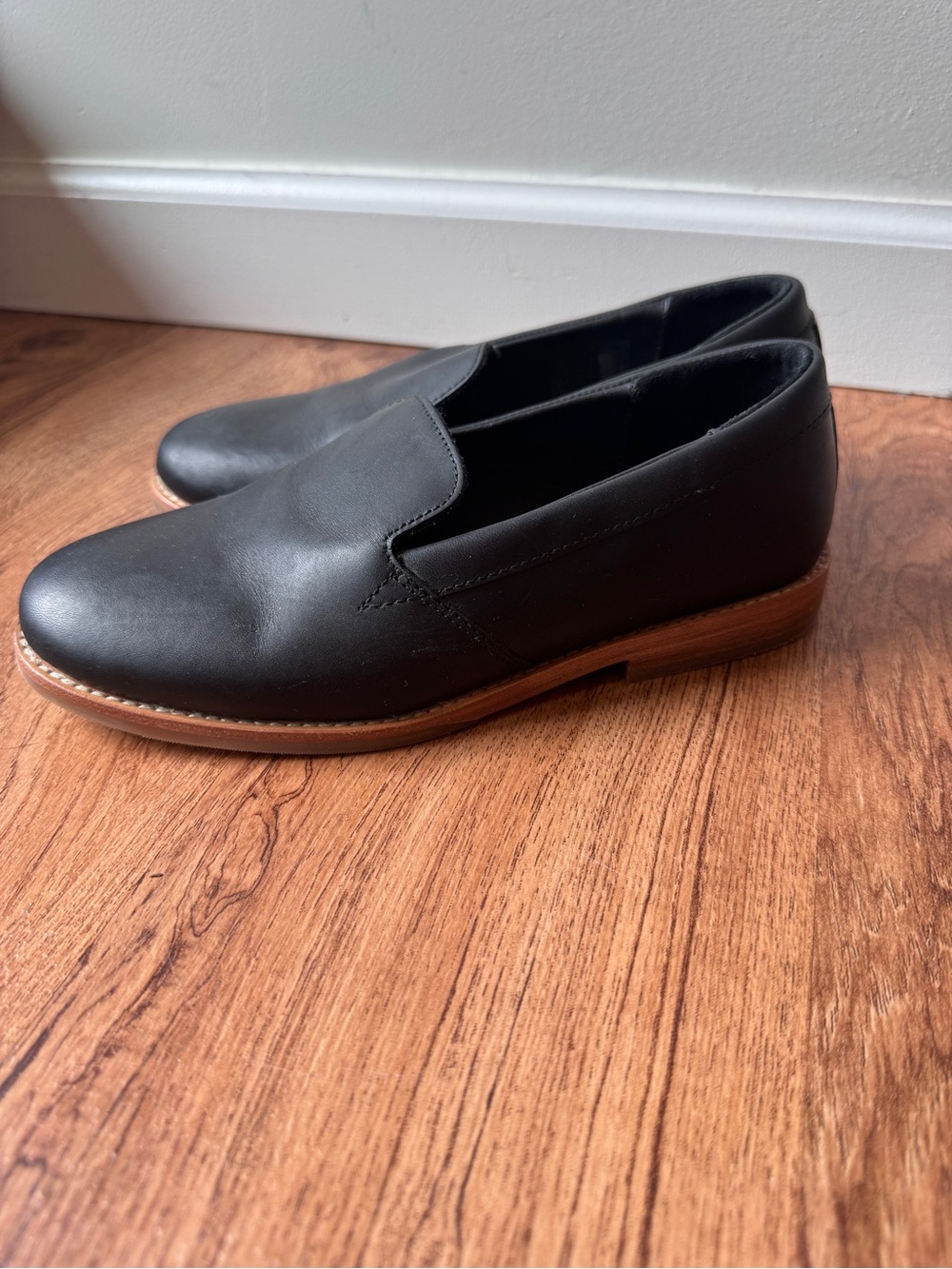 Women's Patina Black Leather Slip-On Loafers with Brown Stacked Sole